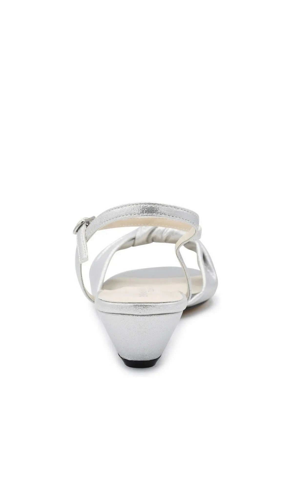 Back view of a Rose Silver Wedge Prom Shoes: Touch Ups 4728 wedge sandal with a buckled ankle strap.
