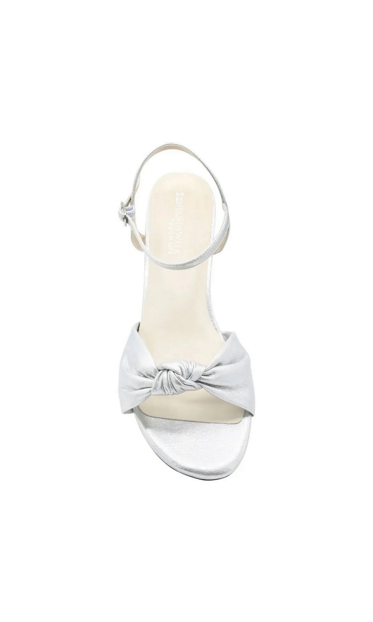 Rose Silver Wedge Prom Shoes: Touch Ups 4728 silver wedge sandal with an ankle strap and a knotted detail across the toe.