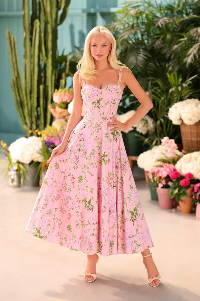 A-Line Blush Pink Floral Midi Cottagecore Corset Dress Blush Pink / XSmall