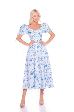 Blue Floral Midi Summer Dress with Short Puff Sleeves– PromGirl
