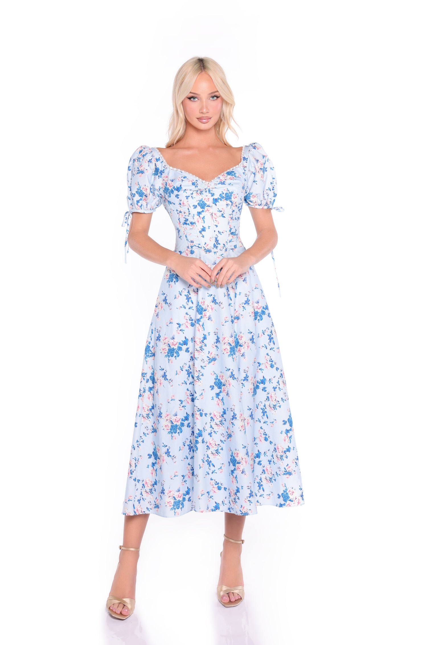 Blue Floral Midi Summer Dress with Short Puff Sleeves PromGirl Blue Floral Midi Summer Dress with Short Puff Sleeves PromGirl
