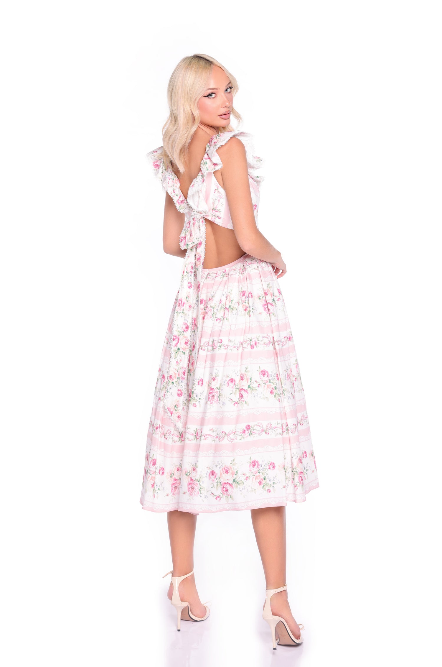 casual midi women dress Tie-Back Pink Floral Casual Midi Dress with Ruffles Pink Floral / Large