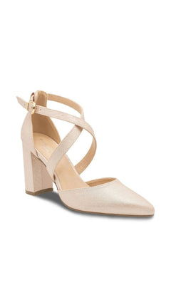 Rylee Nude Prom Shoes: Paradox London P2310, a nude shimmer pointed-toe pump with a block heel and cross-over ankle straps with a buckle closure.