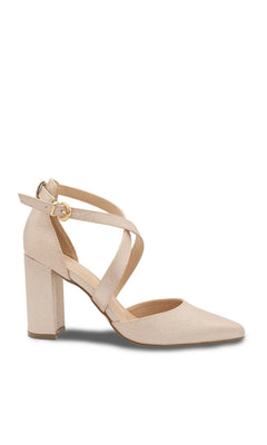 Rylee Nude Prom Shoes: Paradox London P2310, a nude shimmer pointed-toe pump with a block heel and crisscross ankle straps with a gold buckle.