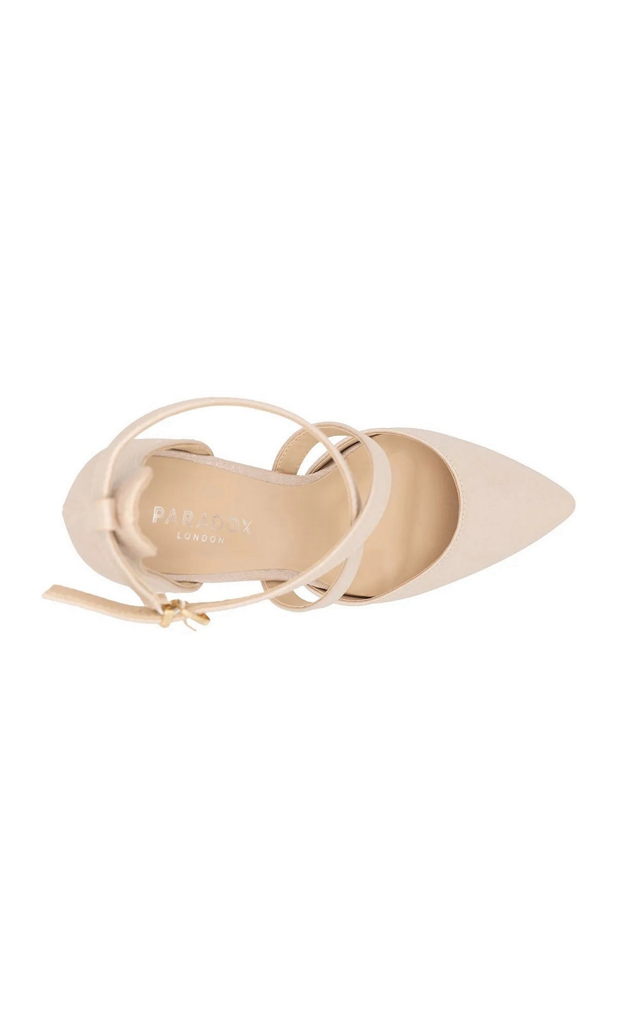 Rylee Nude Prom Shoes: Paradox London P2310 nude shimmer pointed-toe pumps with a block heel, crisscrossing ankle straps, and a buckle closure.