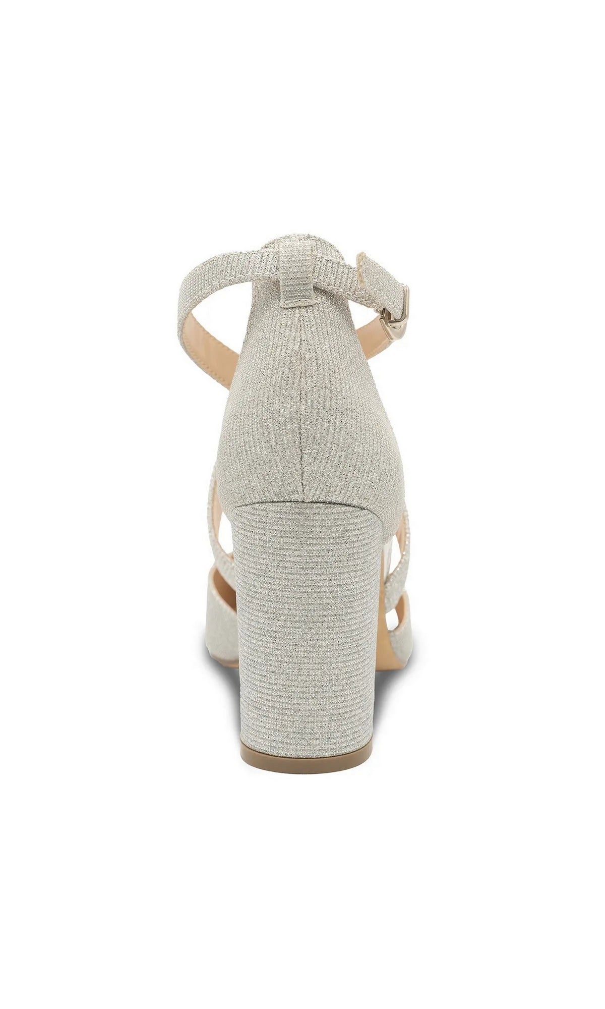 Back view of a shimmering silver Rylee Silver Prom Shoes: Paradox London P2309 block heel with an ankle strap.