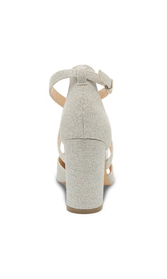 Back view of a shimmering silver Rylee Silver Prom Shoes: Paradox London P2309 block heel with an ankle strap.