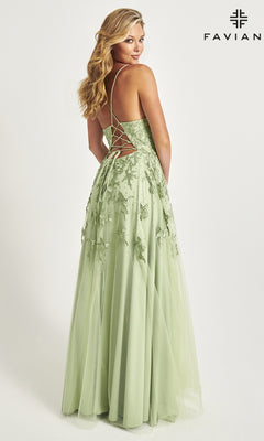 A woman faces away in a light green Faviana Embroidered A-Line Long Prom Dress with 3-D floral embroidery and a lace-up back; "Faviana" appears at the top right.