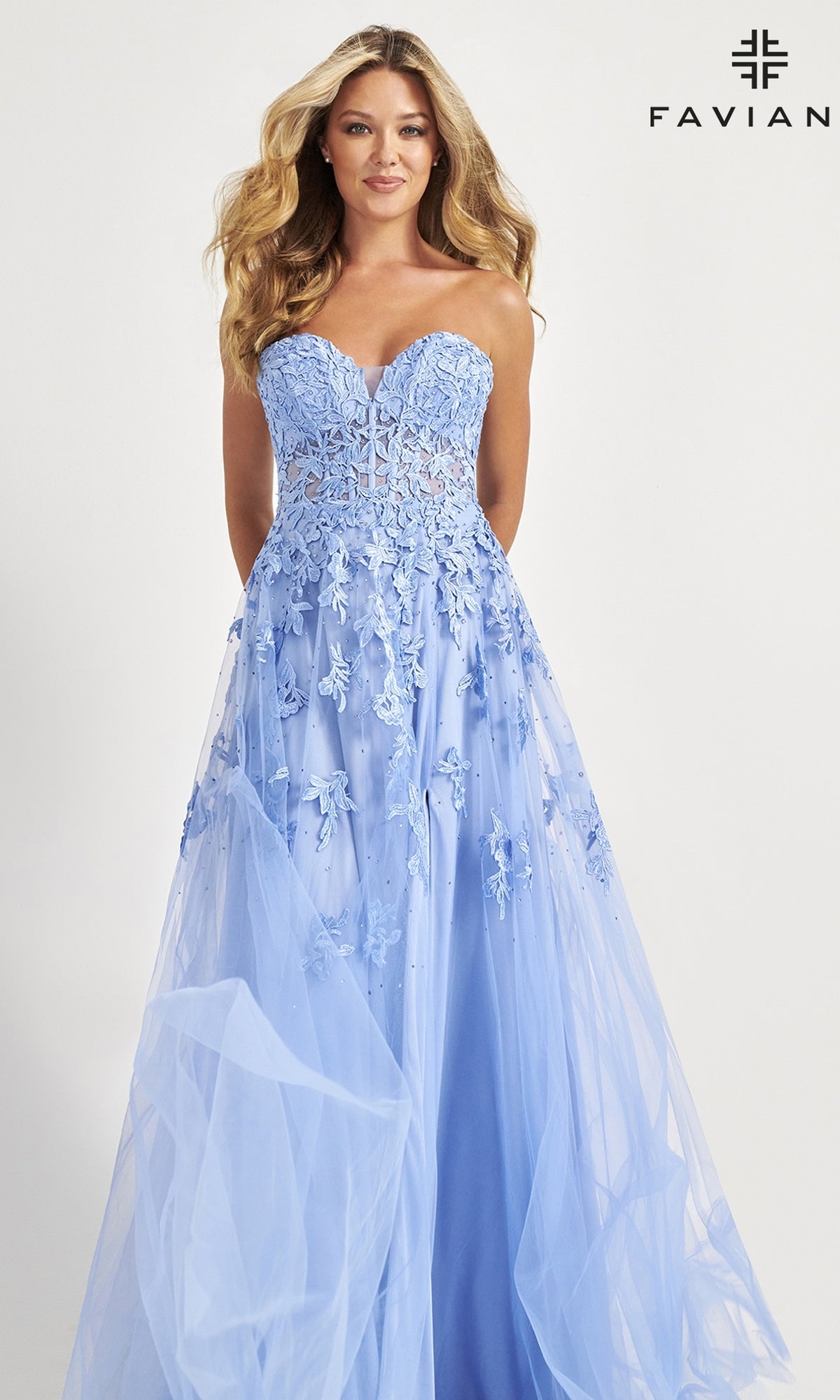 Faviana Strapless Long Lace Prom Dress