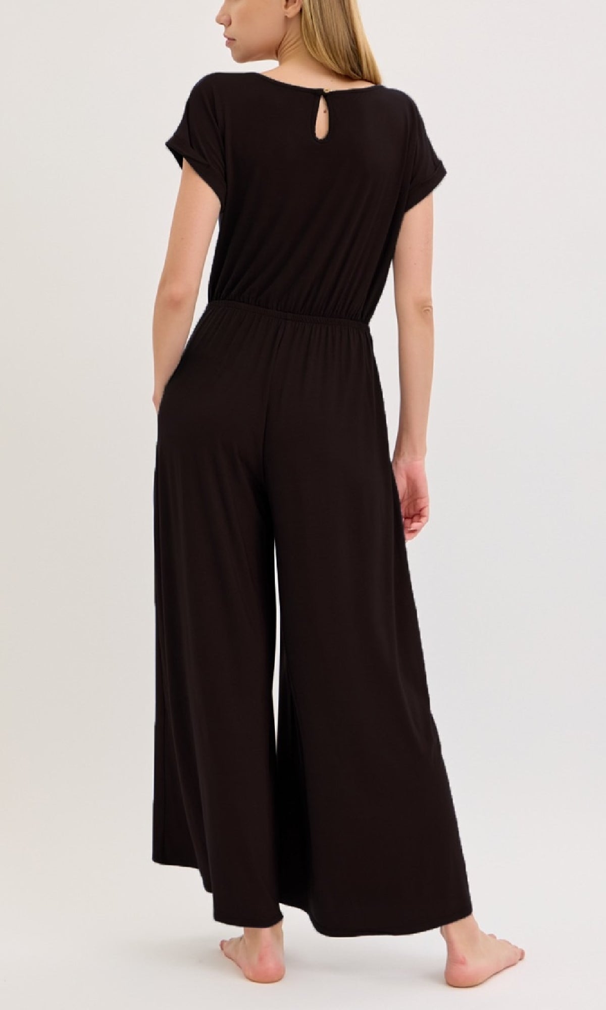 Short-Sleeve Casual Long Wide-Leg Jumpsuit