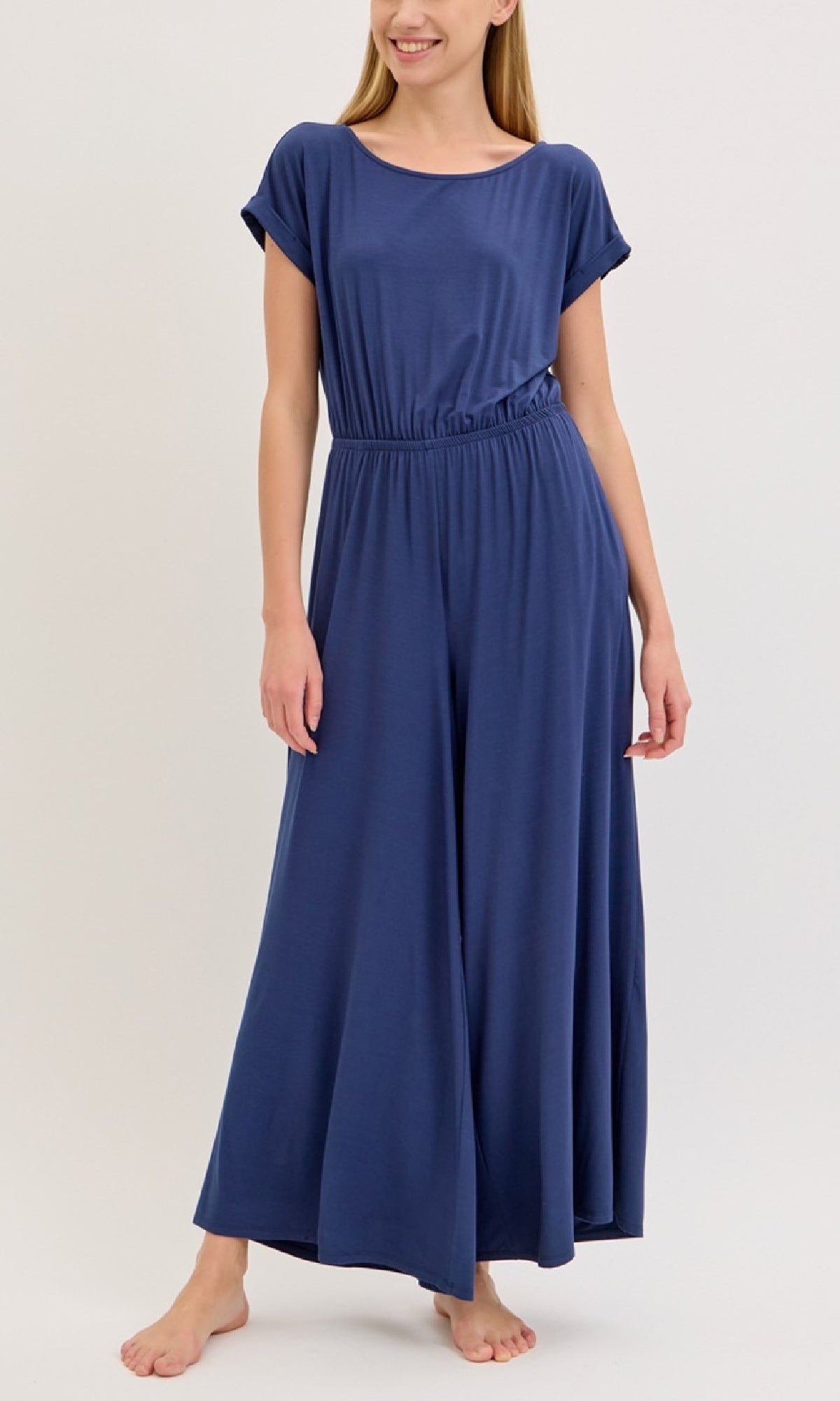 Short-Sleeve Casual Long Wide-Leg Jumpsuit