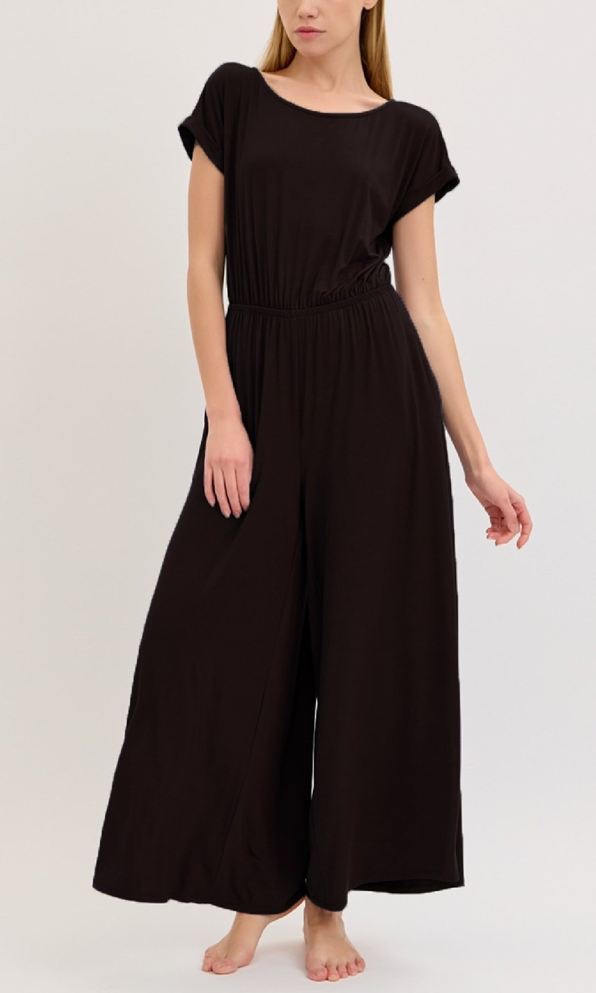 Short-Sleeve Casual Long Wide-Leg Jumpsuit