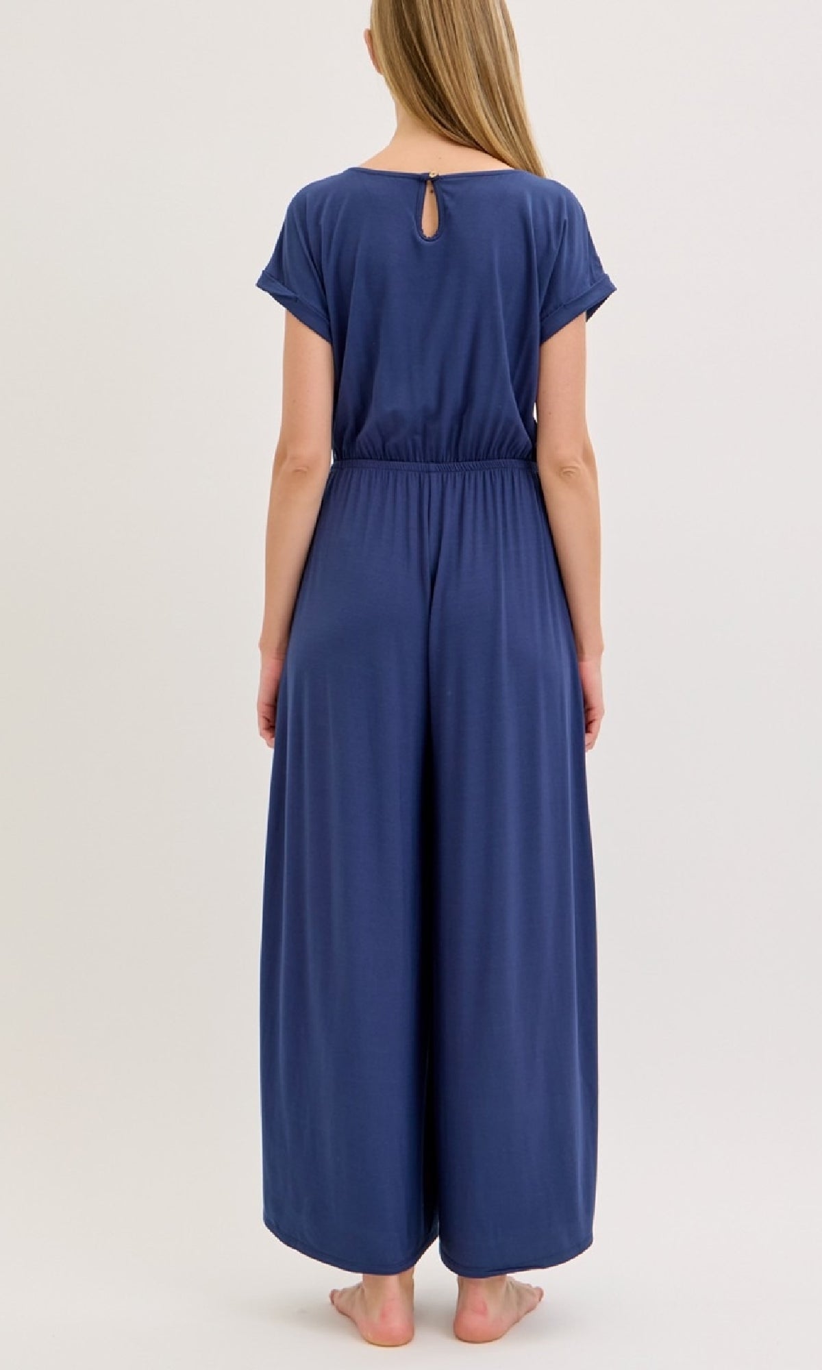 Short-Sleeve Casual Long Wide-Leg Jumpsuit