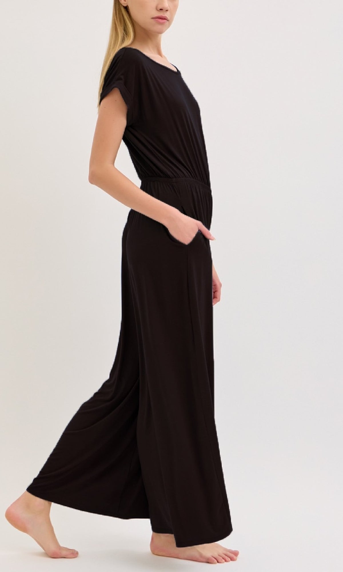 Short-Sleeve Casual Long Wide-Leg Jumpsuit