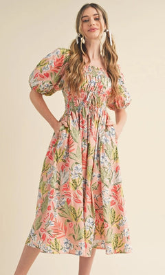 Short Sleeve Pink Floral Casual Midi Dress PromGirl Short Sleeve Pink Floral Casual Midi Dress PromGirl