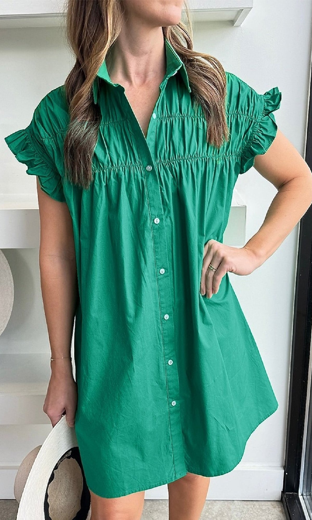 Short Button-Down Casual Green Shirt Dress