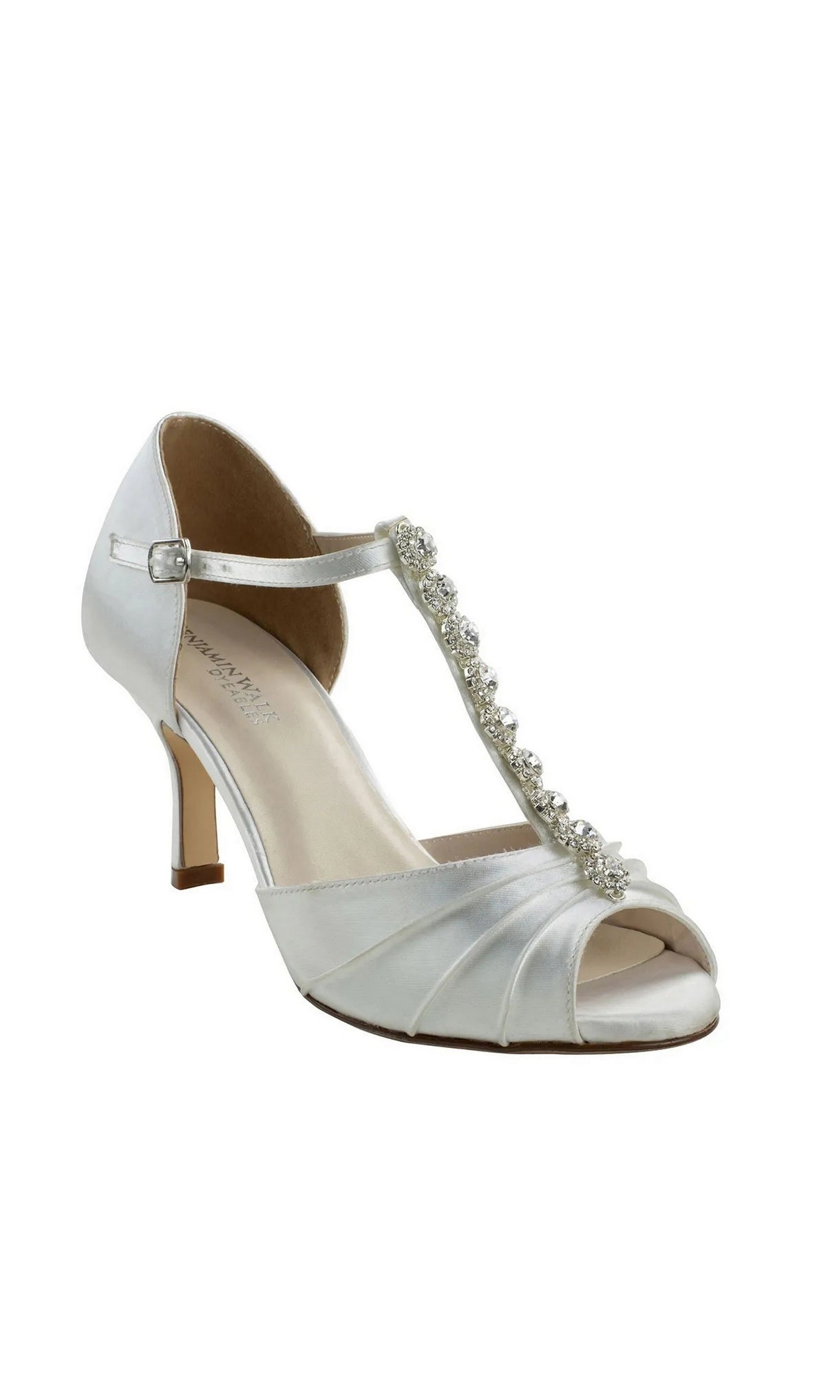 Sadie White Stiletto Prom Shoes: Dyeables 4573 white satin T-strap stiletto heels featuring an open toe and a rhinestone-embellished strap.