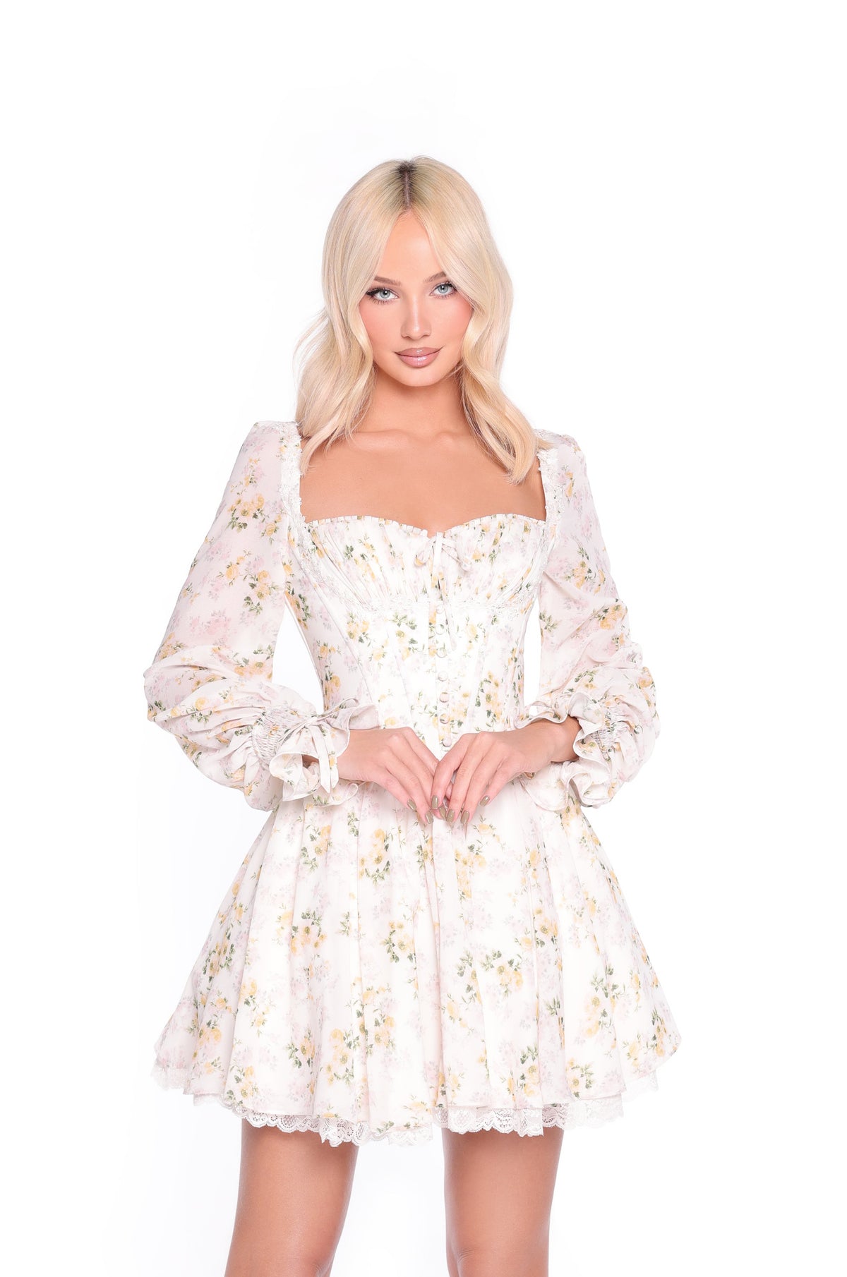 floral flare sleeve dress Yellow Short Casual Dress: Sadie Buttercream Yellow Floral / Large Size:dress size pants :46 Brown Shirt with Black 35 from top of clothes: cocktail-dresses