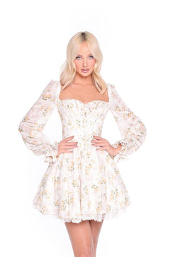A woman with blonde hair models the Sadie Yellow Floral Short Casual Dress, showcasing long sleeves, a fitted corset bodice, and a flared skirt against a white background.