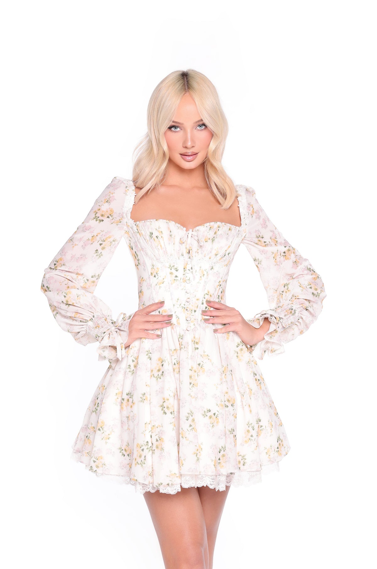 cute dress with sleeves Yellow Floral Short Casual Dress: Sadie Buttercream Yellow Floral / Large bow suspender dress Ruffled sleeves dress | shoulder puffed flashlight 3/4 Style:EE01960BD