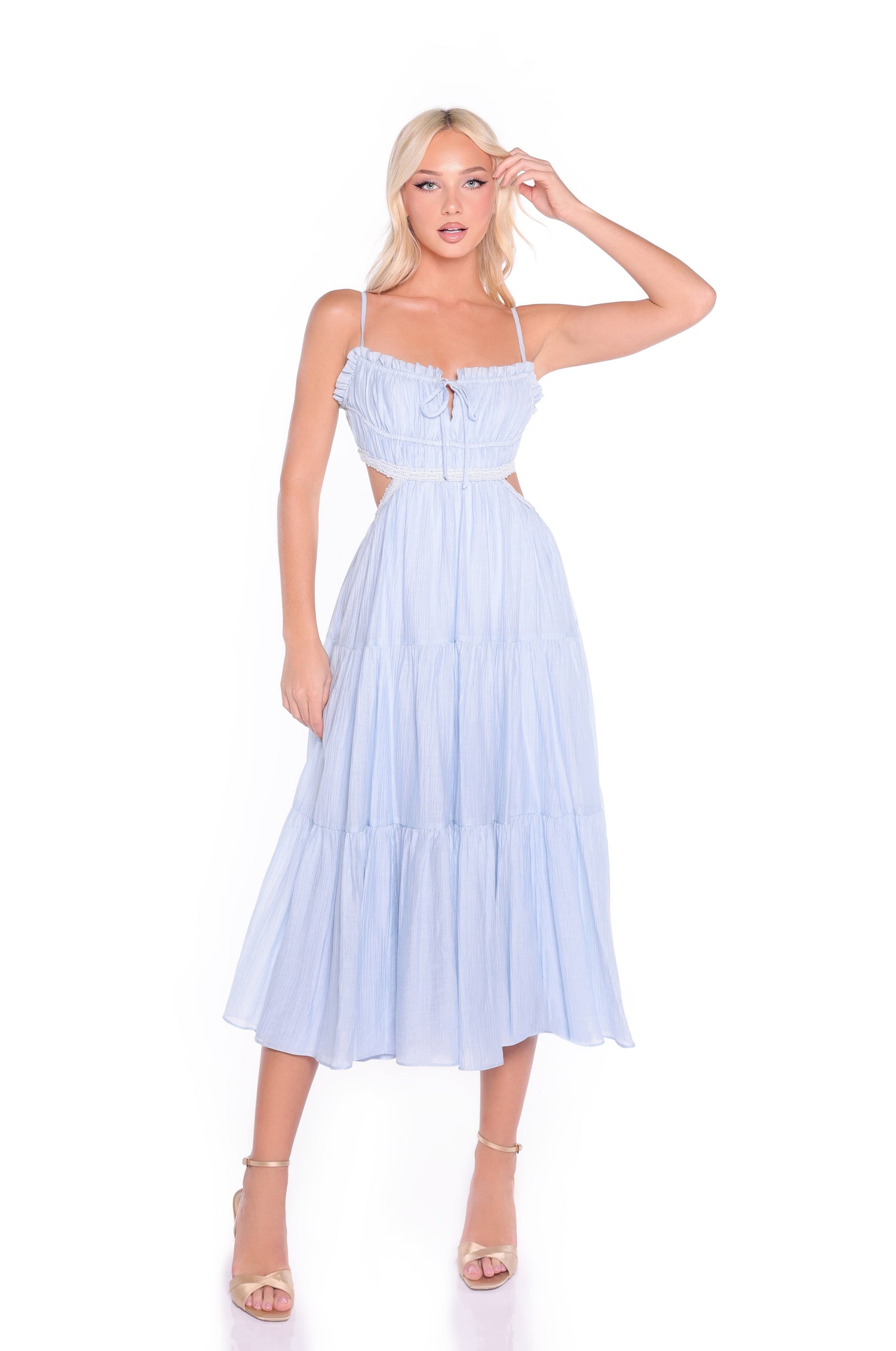 Light Blue Midi Summer Dress with Strappy Open Back Light Blue / Large Light Blue Midi Summer Dress with Strappy Open Back Light Blue / Large