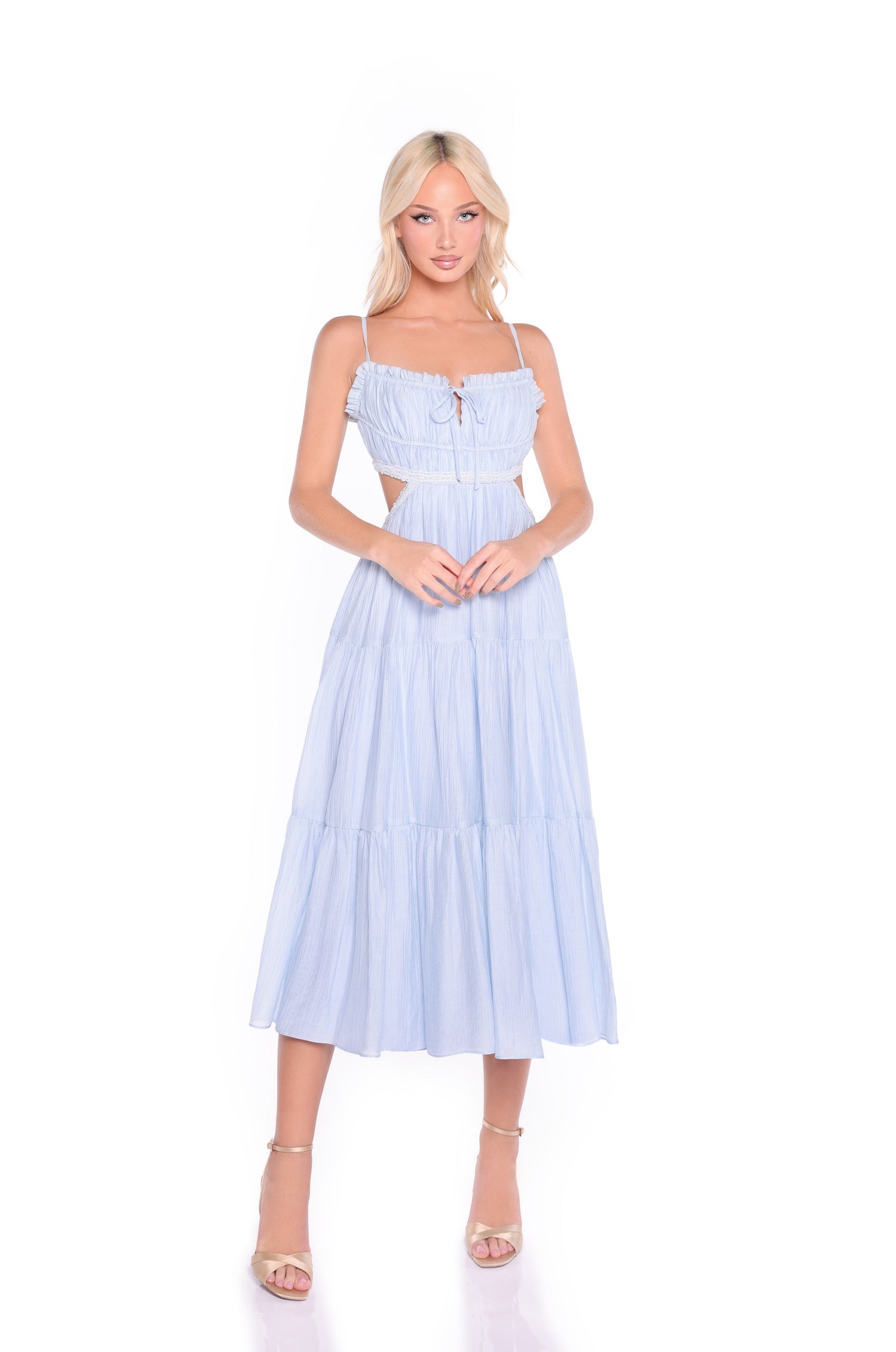 Light Blue Midi Summer Dress with Strappy Open Back Light Blue / Large Light Blue Midi Summer Dress with Strappy Open Back Light Blue / Large
