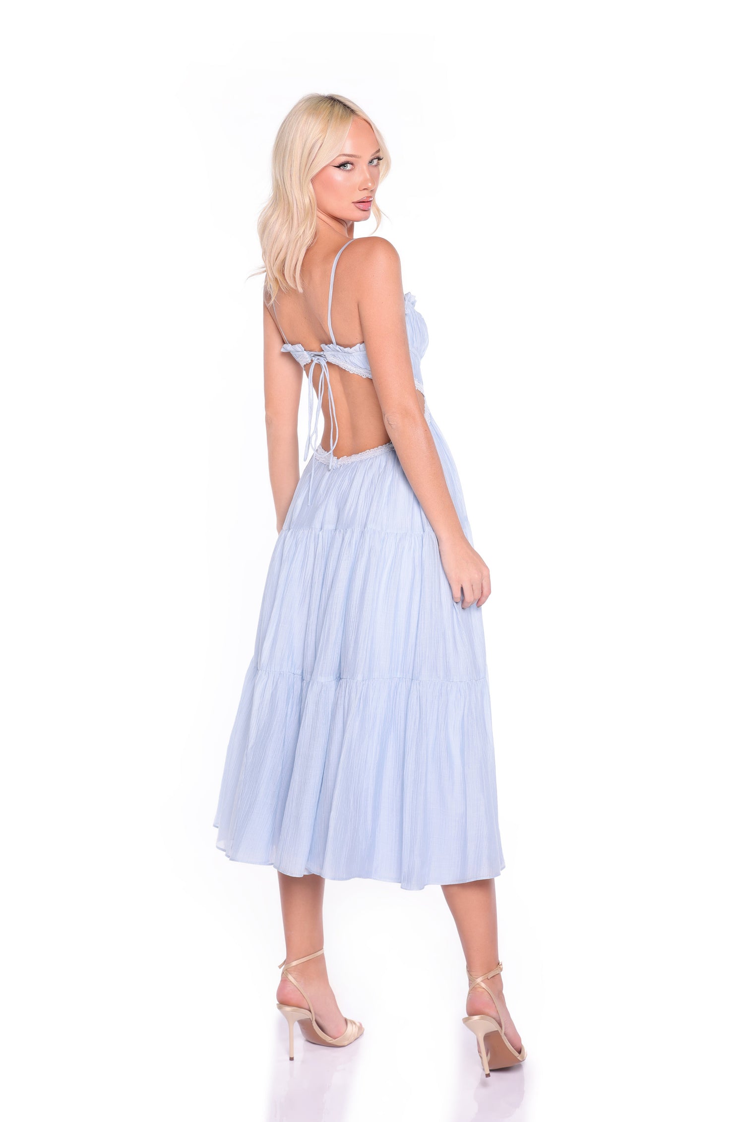 Light Blue Midi Summer Dress with Strappy Open Back Light Blue / Large Light Blue Midi Summer Dress with Strappy Open Back Light Blue / Large