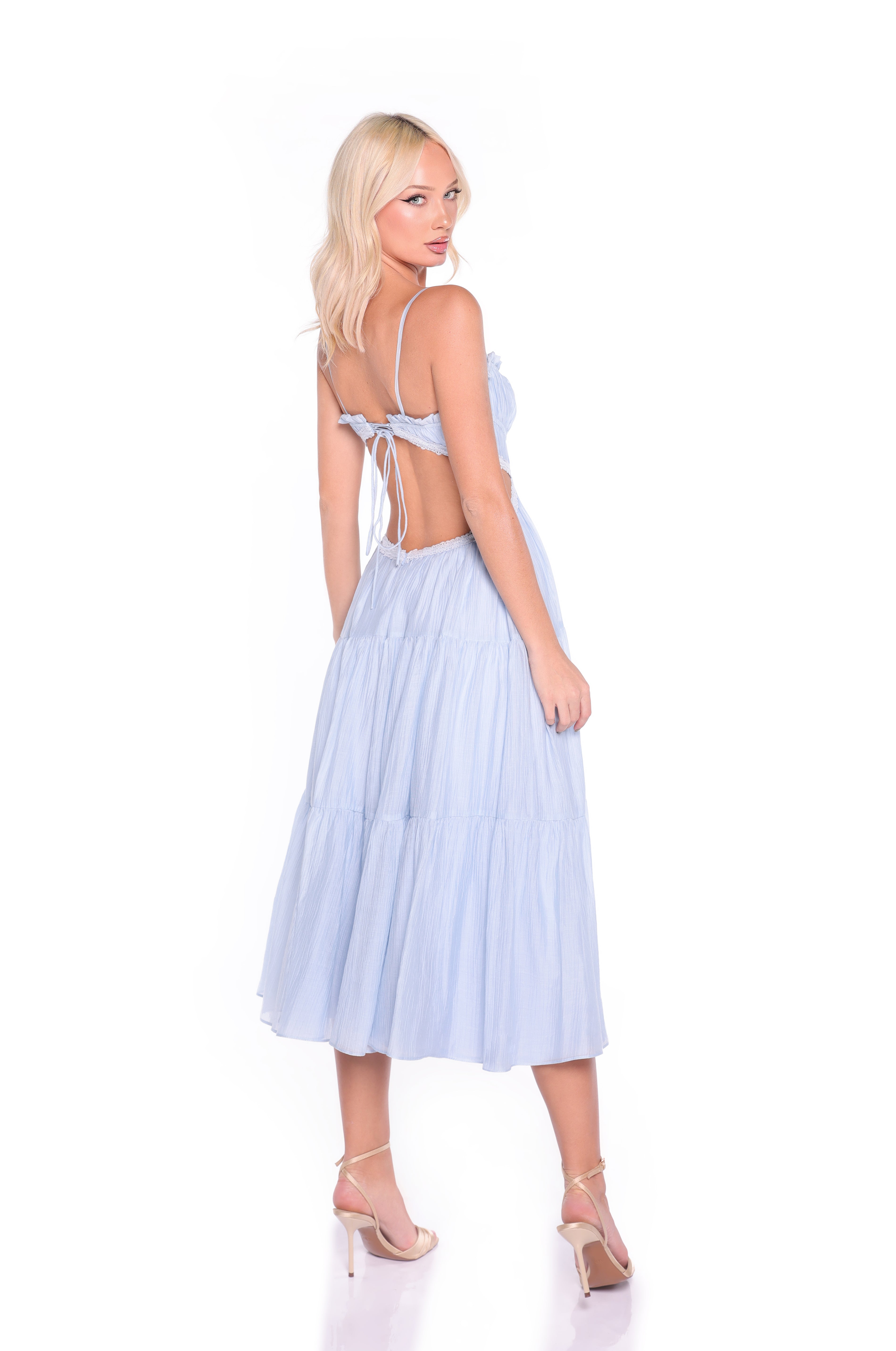 blue summer dress nearby Light Blue Midi Summer Dress with Strappy Open Back Light Blue / Large