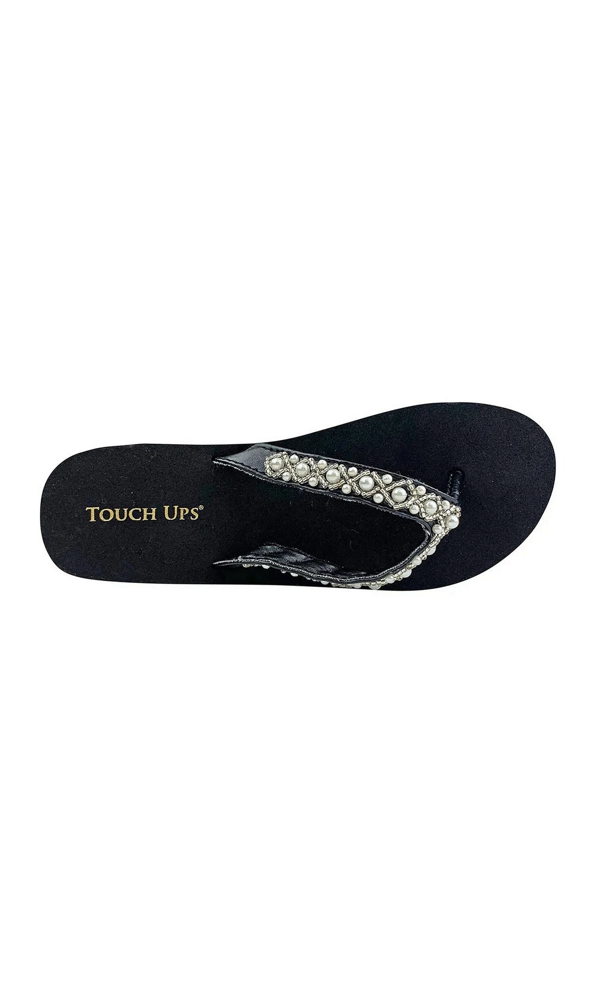Shelly Black Prom Shoes: Touch Ups 117 black platform flip flops featuring a thong strap embellished with white faux pearls and clear stones.