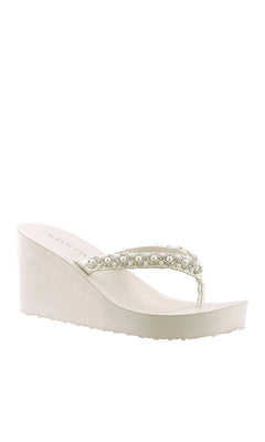 Shelly Diamond White Prom Shoes: Touch Ups 114, a white wedge thong sandal with a pearl and rhinestone embellished strap, styled as an ivory open toe prom shoe.