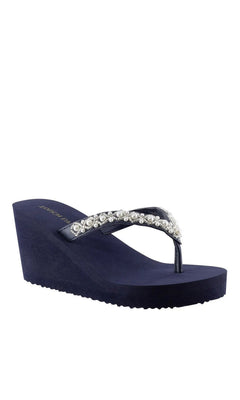 Shelly Navy Prom Shoes: Touch Ups 116 navy blue wedge flip-flop with a jeweled strap featuring pearl embellishments.