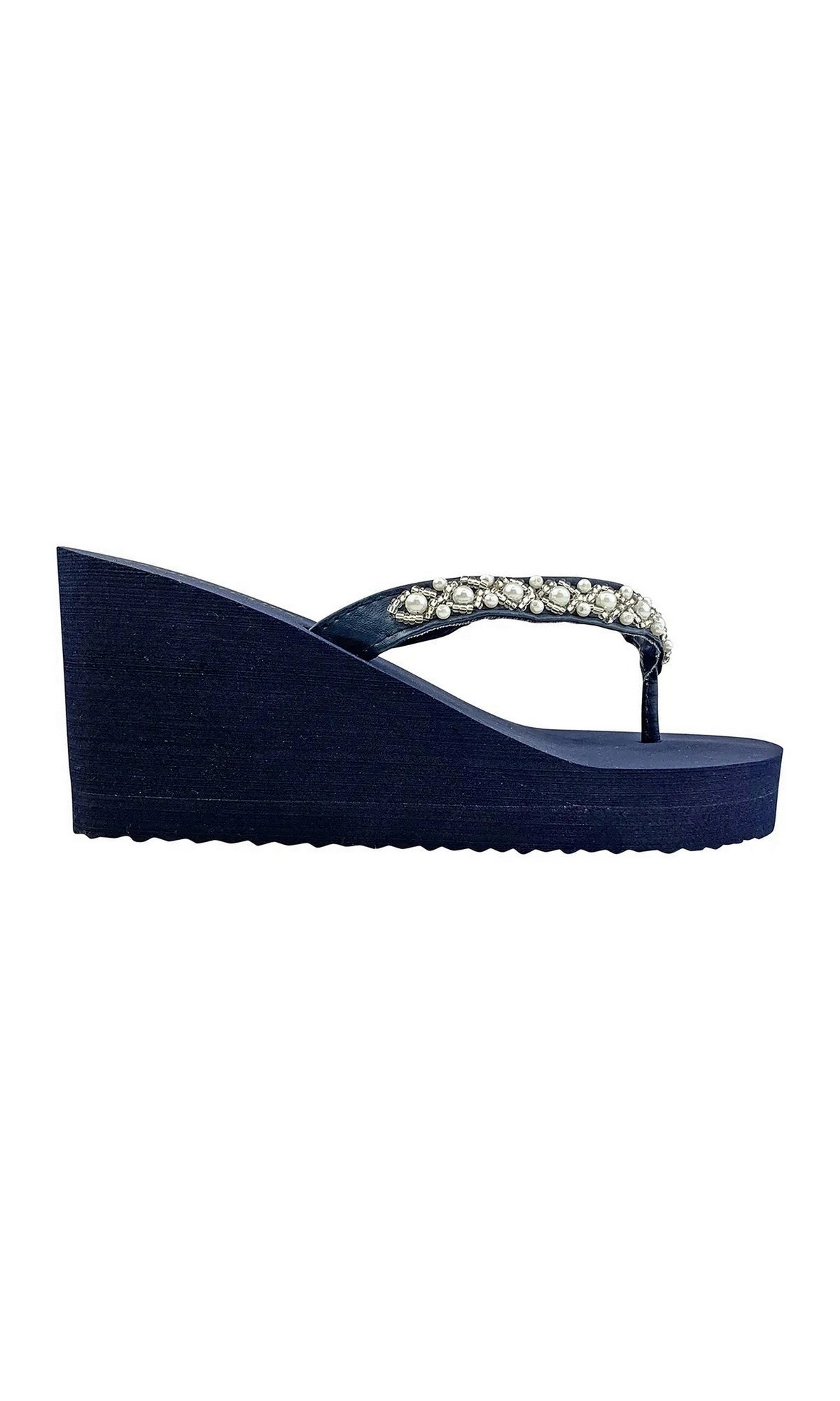 Shelly Navy Prom Shoes: Touch Ups 116 navy blue wedge thong sandal with a jeweled strap featuring pearl and rhinestone embellishments.