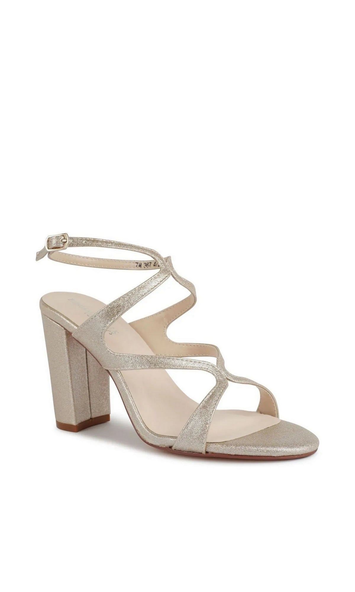 Shiloh Champagne Prom Shoes: Touch Ups 4720, a champagne-colored heeled sandal with a multi-strap design, shimmer finish, and an ankle strap buckle.