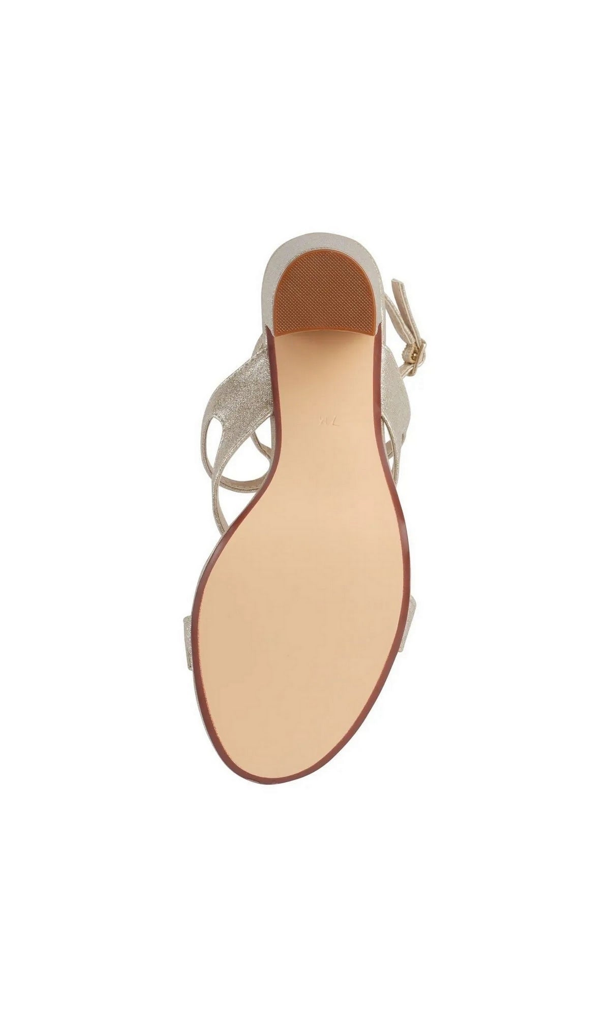 Bottom view of Shiloh Champagne Prom Shoes: Touch Ups 4720, a champagne-colored, strappy block heel sandal with an ankle strap and a shimmer finish.
