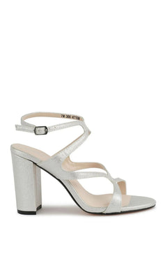 Shiloh Silver Prom Shoes: Touch Ups 4719 silver glitter high-heeled sandal with a block heel, open toe, and shimmery wrap-around ankle straps.