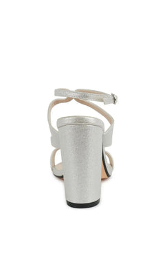Back view of the Shiloh Silver Prom Shoes: Touch Ups 4719, a silver heeled sandal with shimmery straps and an ankle strap.