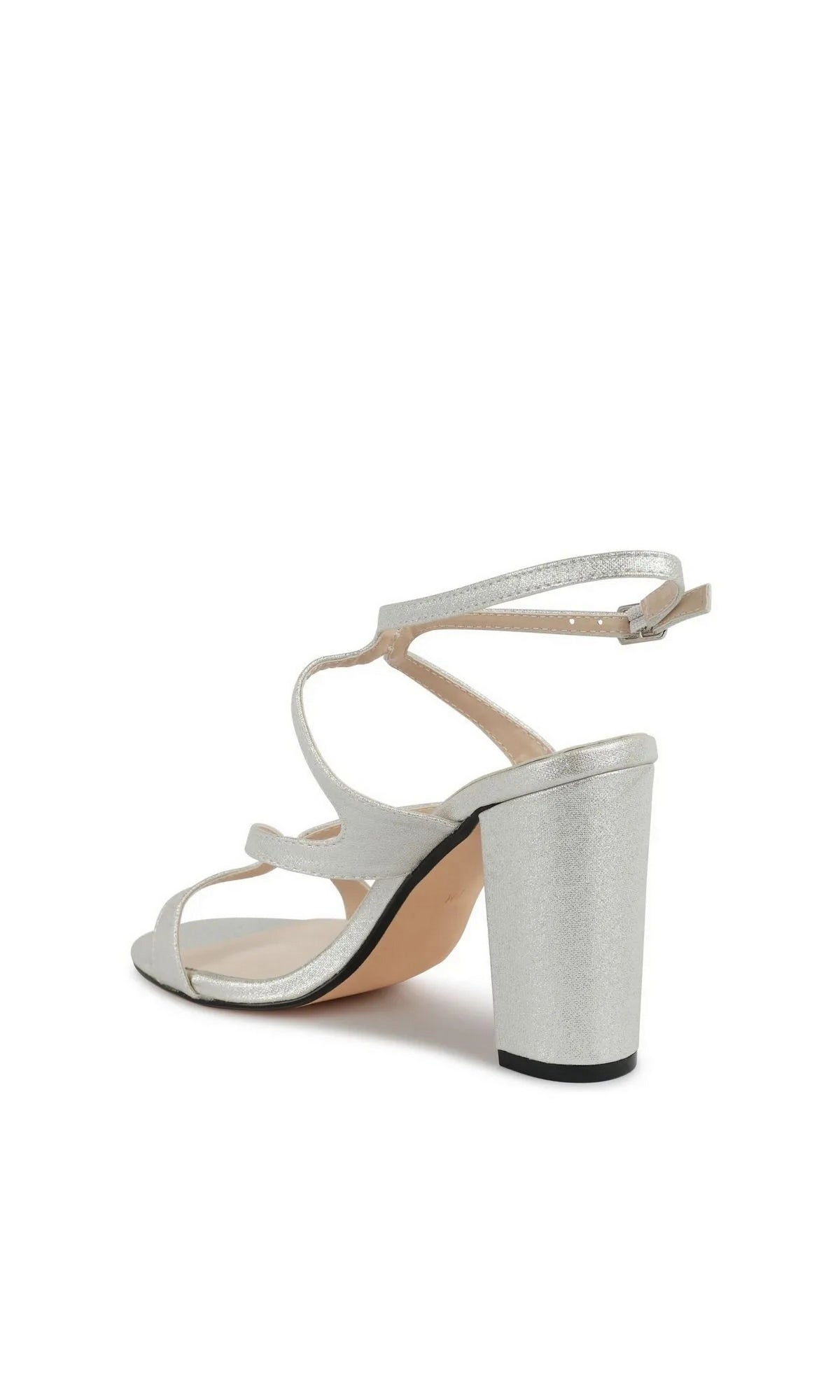 Shiloh Silver Prom Shoes: Touch Ups 4719 are shimmery silver strappy high-heeled sandals with an ankle strap and block heel.
