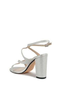 Shiloh Silver Prom Shoes: Touch Ups 4719 are shimmery silver strappy high-heeled sandals with an ankle strap and block heel.