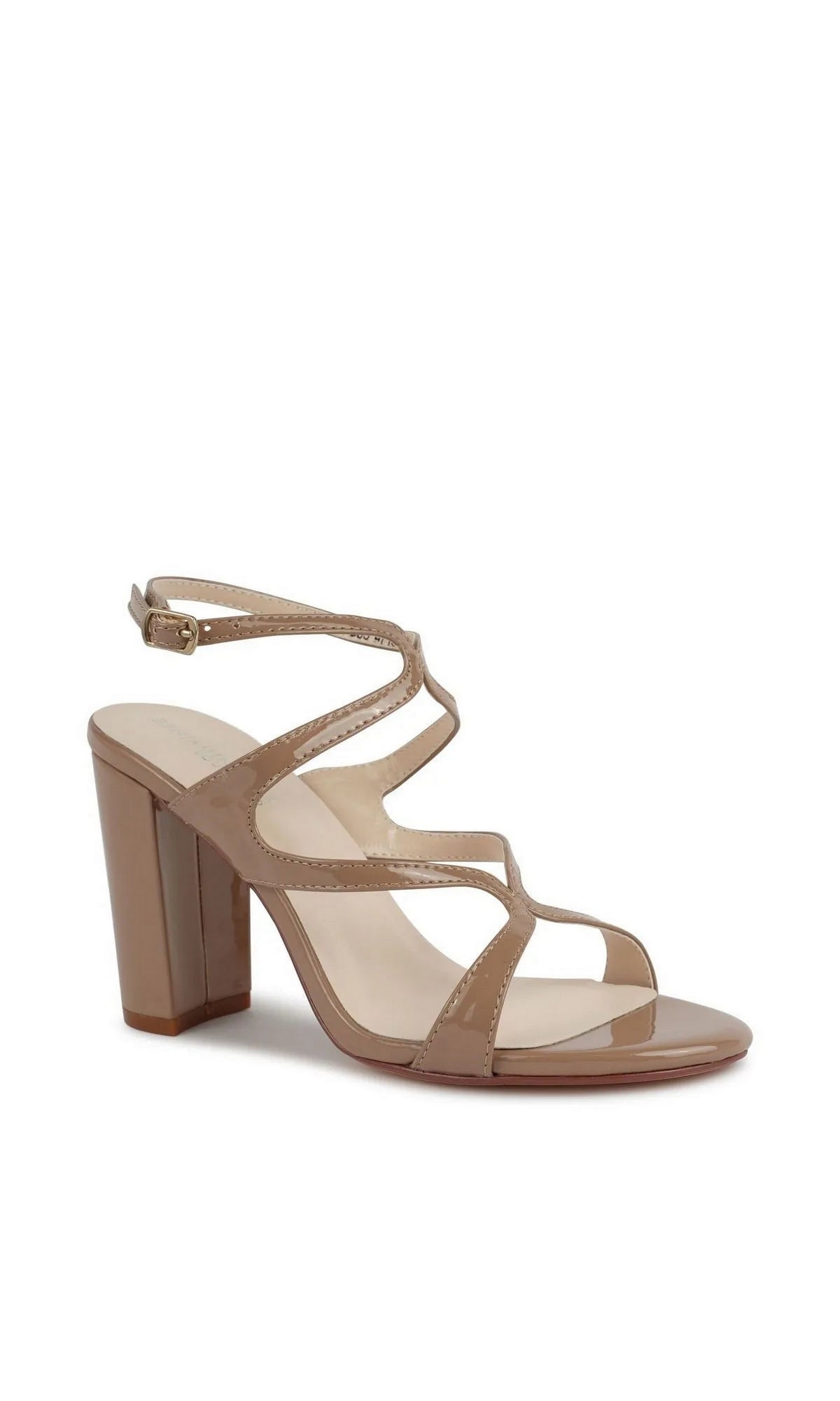 Shiloh Tan Block Heel Prom Shoes: Touch Ups 4718, tan strappy block heel sandals with an adjustable ankle strap, perfect for prom.