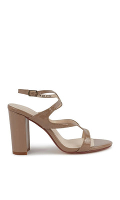 Shiloh Tan Block Heel Prom Shoes: Touch Ups 4718 tan strappy block heel sandals with an ankle strap and buckle closure.