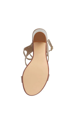 Bottom view of a tan Shiloh Tan Block Heel Prom Shoes: Touch Ups 4718 showing the sole and strappy block heel.