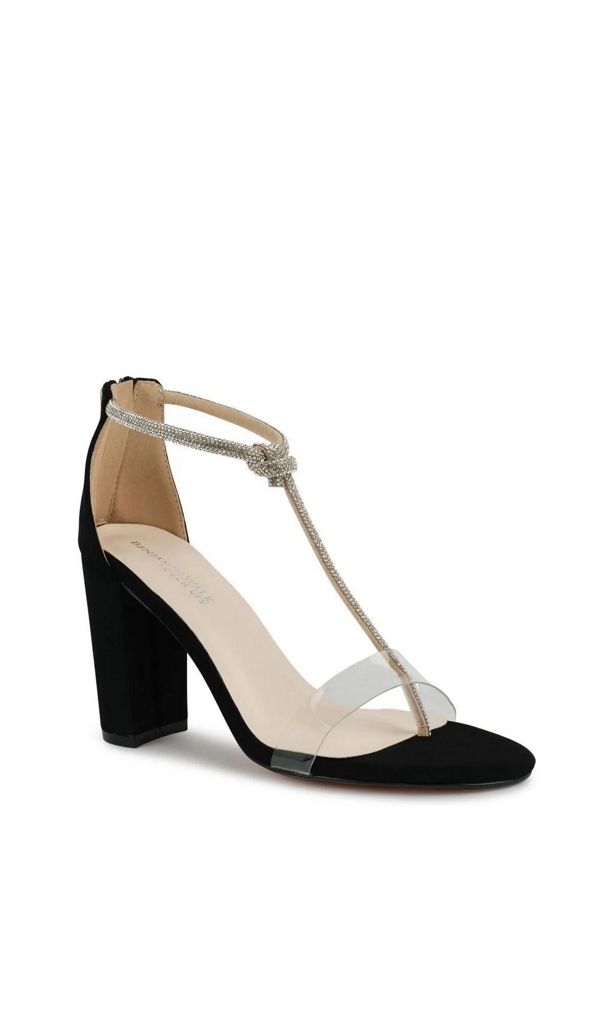 Sienna Black Block Heel Prom Shoes 4724 featuring a black block heel, clear toe strap, and a rhinestone-embellished T-strap ankle closure.