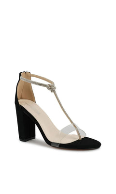 Sienna Black Block Heel Prom Shoes 4724 featuring a black block heel, clear toe strap, and a rhinestone-embellished T-strap ankle closure.