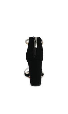 Back view of Sienna Black Block Heel Prom Shoes: Touch Ups 4724, featuring a black block heel, silver ankle strap, and back zipper closure.