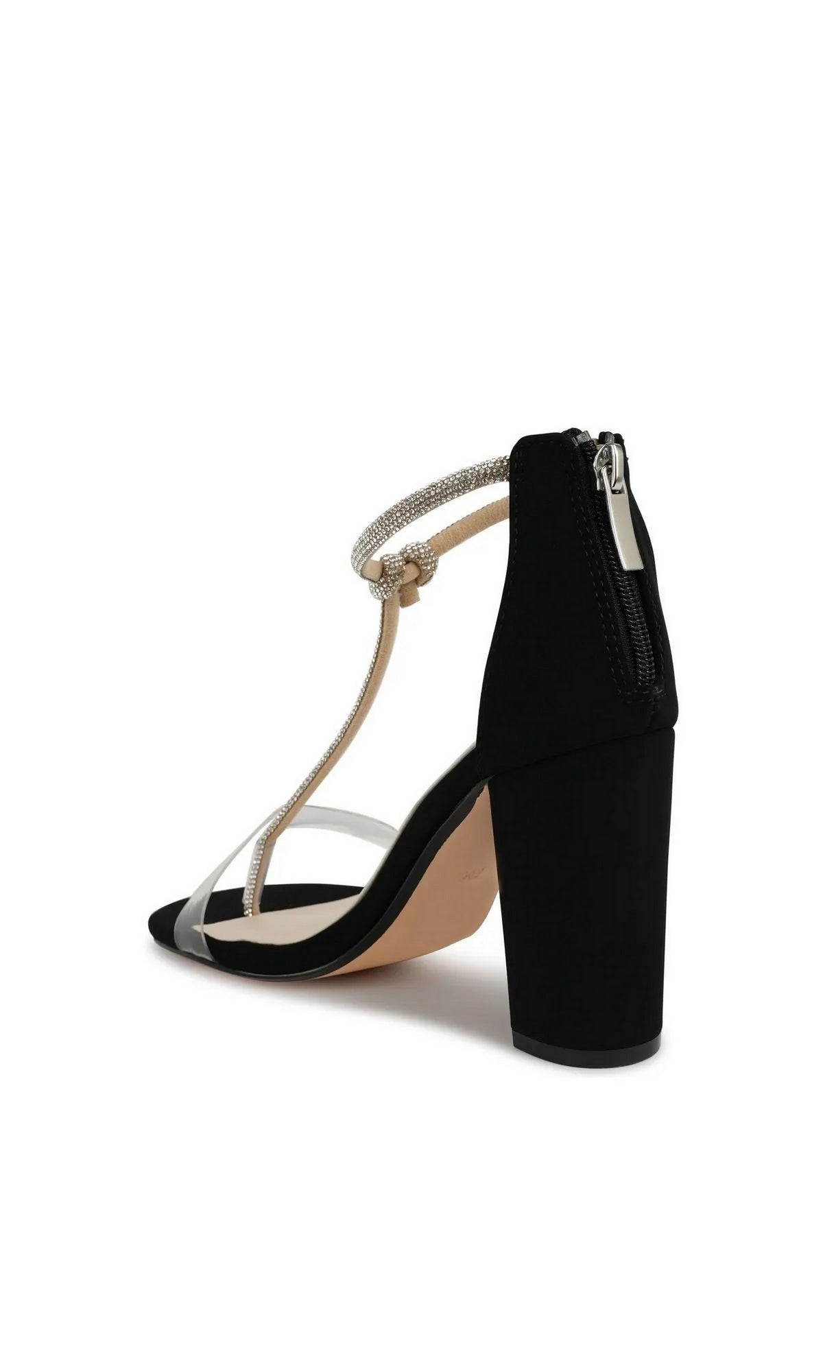 Sienna Black Block Heel Prom Shoes: Touch Ups 4724 featuring a clear toe strap, a rhinestone-embellished T-strap, and a back zipper closure.