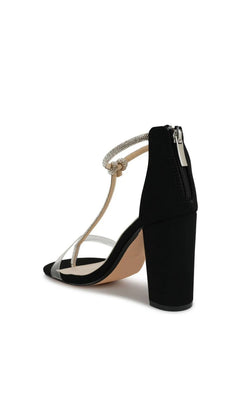 Sienna Black Block Heel Prom Shoes: Touch Ups 4724 featuring a clear toe strap, a rhinestone-embellished T-strap, and a back zipper closure.