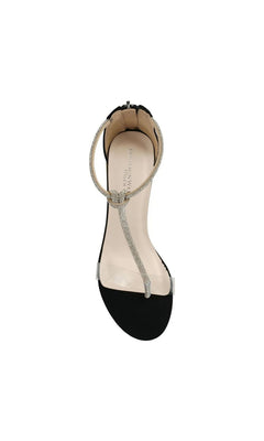 Sienna Black Block Heel Prom Shoes: Touch Ups 4724 featuring a black block heel, clear toe strap, and rhinestone-embellished T-strap ankle closure.