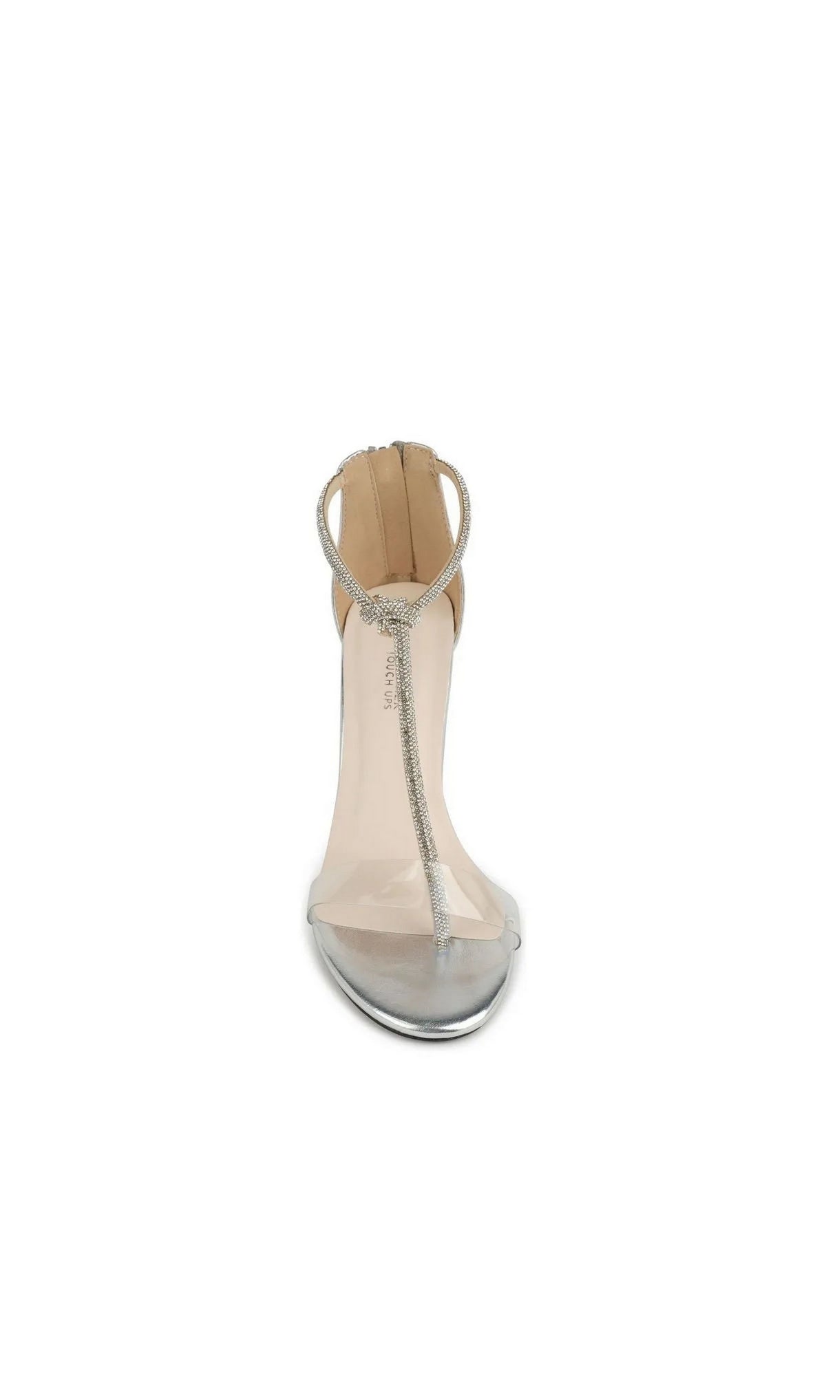 Sienna Silver Prom Shoes: Touch Ups 4275, featuring silver high-heeled T-strap sandals with a clear toe strap and a rhinestone-embellished ankle closure.
