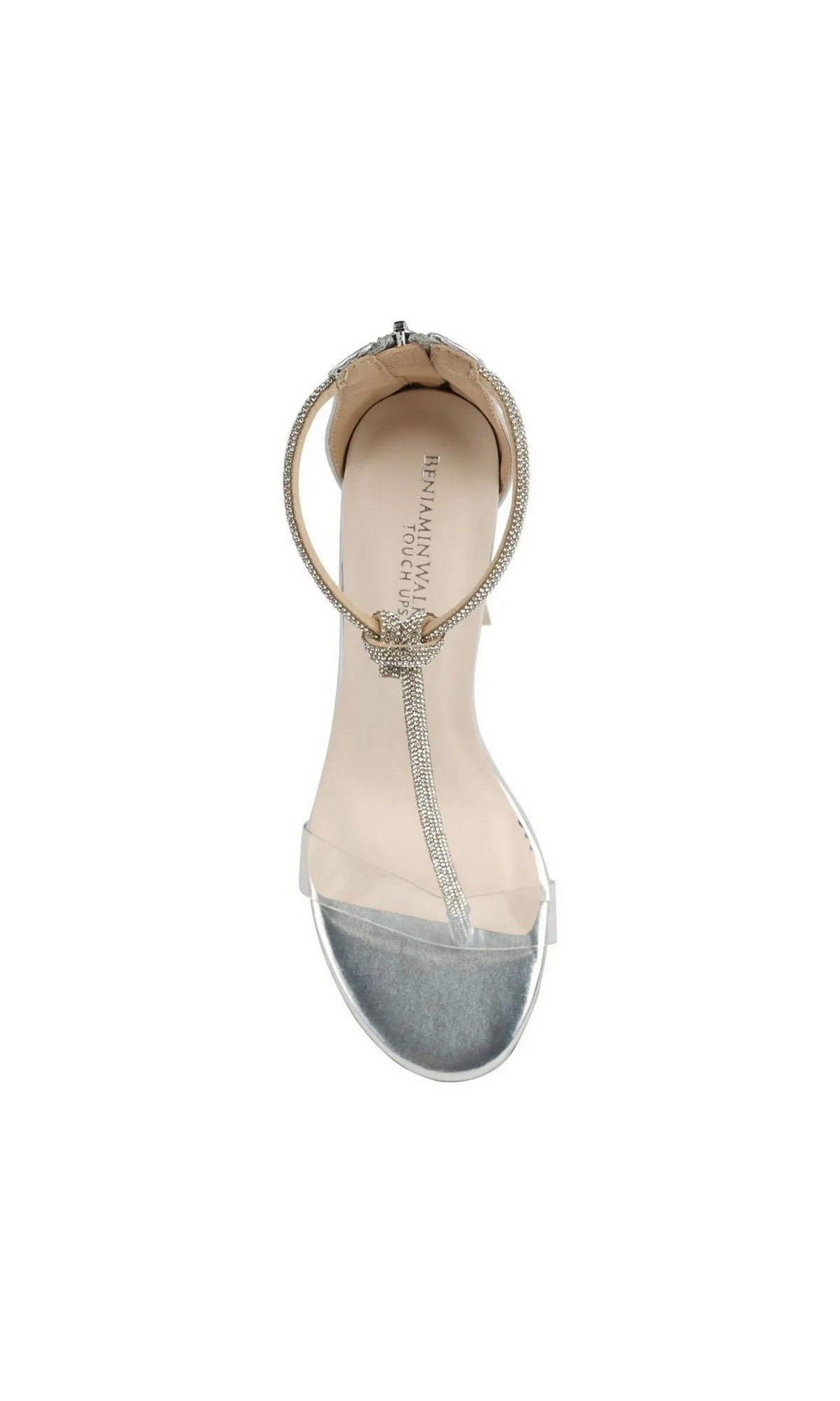 Sienna Silver Prom Shoes: Touch Ups 4275 featuring a rhinestone-encrusted T-strap, an ankle strap, and a clear toe band.