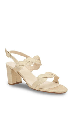 Simone Champagne Prom Shoes: Touch Ups 4682 champagne-colored glittery block-heel sandals with braided straps and an adjustable ankle buckle.